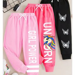 KUCHIPOO Pack Of 3 Text & Butterflies Printed Pajamas - Black & Pink-picture-12