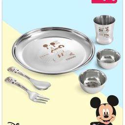 Babyhug Disney Mickey Mouse Stainless Steel Dinner Set Round - 6 Pieces| Easy to Clean & Maintain| Encourage Self Feeding| Laser Print| Dishwasher Safe| Gifting Option - Silver-image-4
