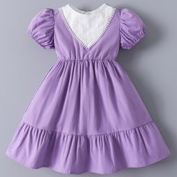 Mark & Mia Cotton Half Puffed Sleeves Frock with Lace Detailing - Purple-image-3