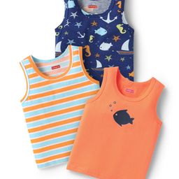 Babyhug 100% Cotton Single Jersey Knit Sandos With Stripes & Fish Print Pack Of 3 - Orange & Navy Blue-image-45