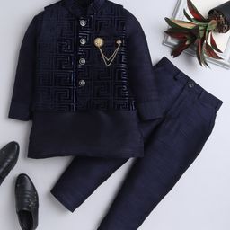 Ahhaaaa Velvet Full Sleeves Solid Kurta & Pant With Sequin Embellished Jacket Set - Navy Blue-image-42