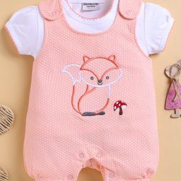 Wonderchild Interlock Fox Embroidered Dungaree With Half Sleeves Top - White & Deep Peach-image-60