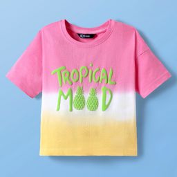 Pine Kids Cotton Knit Half Drop Shoulder Sleeves T-Shirt with Text Puff Print - Pink-image-2