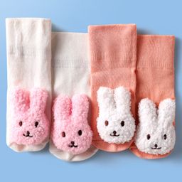 Babyoye Cotton Bamboo Knit Socks with Bunny Applique Pack of 2 - Light Pink & Peach-image-35