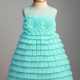 Enfance Sleeveless Floral Applique Detailed Stone Embellished Layered Knee Length Dress - Sea Green-image-31