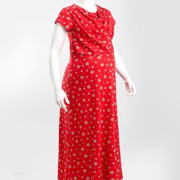 Bella Mama Cotton Knit Half Sleeves Nursing Nighty Star Print - Red-picture-27
