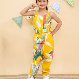 AJ Dezines Pure Cotton Sleeveless Tropical Printed Top & Coordinating Pant Set - Yellow-image-2