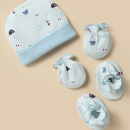 Ben Benny 100% Cotton Knit Cap Mitten & Booties Set With Nautical Theme Print Light Blue - Diameter 9.5 cm-image-51