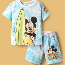 Babyhug Disney Single Jersey Knit Half Drop Shoulder Sleeves Tie & Dye Oversized T-Shirt & Shorts Set with Mickey Mouse Graphics - Light Blue-image-76