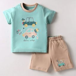 Pink Rabbit Single Jersey Knit Half Sleeves T-Shirt & Shorts Set With Car Print - Light Blue-image-91