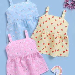 TOONYPORT Cotton Knit Pack Of 3 Sleeveless Floral & Strawberries Printed Dresses - Multi Colour-image-70