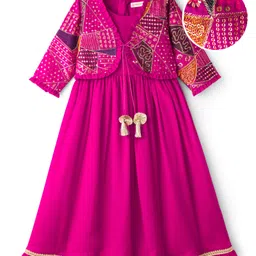 EARTHY TOUCH Woven Ethnic Dress with Three Fourth Sleeves Jacket with Sequin Detailing - Pink-picture-47