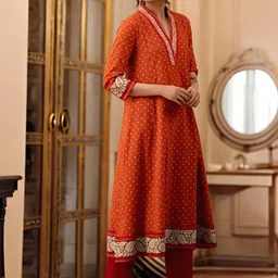 KALINI Women Orange Rayon Blend Printed A-Line Kurta With Trousers-24
