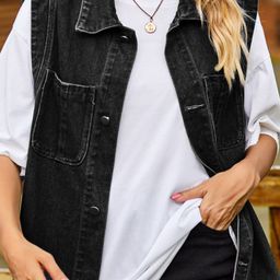 Oh Rare Women Spread Collar Sleeveless Longline Denim Jacket-picture-5