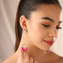 Priyaasi Gold-Plated Contemporary Kundan & Beaded Drop Earrings-30