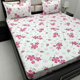 Pure Decor Pink & White Floral 210 TC Queen Bedsheet with 2 Pillow Covers-image-73
