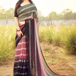 Satrani Multicolored Striped Saree With Unstitched Blouse image 3