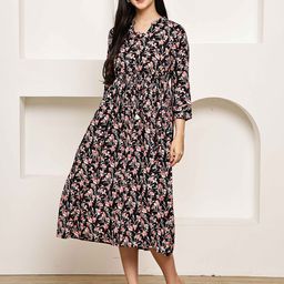 Rajnandini Women Floral Printed Mandarin Collar Pure Cotton A-Line Midi Dress-picture-5