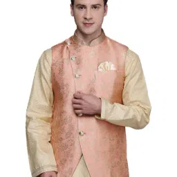 Manyavar Peach Regular Fit Self Pattern Nehru Jacket-image-52