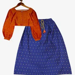 Kiddopanti Kids Orange & Navy Embellished Full Sleeves Top with Lehenga-image-66