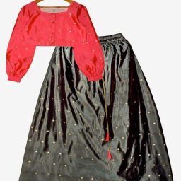 Kiddopanti Kids Pink & Grey Embellished Full Sleeves Top with Lehenga-image-81