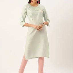 SHOWOFF Green Cotton Embellished Calf Length Straight Kurta-image-64