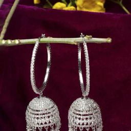 Zeneme Silver Plated Brass Rhodium Dome Shaped AD Jhumki Earrings-42