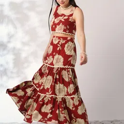 Globus Floral Printed Square Neck Crop Top With Tiered Maxi Skirt Co-Ord Set-picture-51