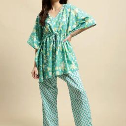 Secret Wish Turquoise Floral Print Kaftan Top With Pyjamas-picture-7