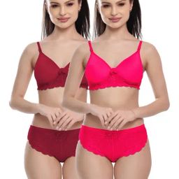 FIMS Rani & Maroon Lace Work Bra Panty Sets - Pack Of 2-image-56