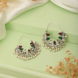 Saraf RS Jewellery Multicolor Statement Silver Oxidised Stone & Pearl Beaded Chand Bali Earring image 2