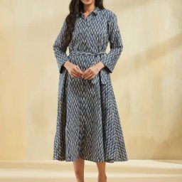 Fabindia Blue & Beige Cotton Hand Block Printed Midi Dress-image-88