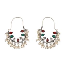 Saraf RS Jewellery Multicolor Statement Silver Oxidised Stone & Pearl Beaded Chand Bali Earring image 3