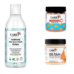 CARET ORGANIC Aloe vera Shampoo-200ml, Vitamin C Glow Scrub -100g & De Tan Face Pack-100g-6