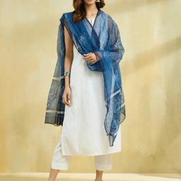 Fabindia Indigo Cotton Silk Dabu Printed Dupatta-33