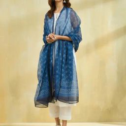 Fabindia Indigo Cotton Silk Dabu Printed Dupatta-image-32