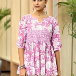 Libas Pink Floral Print Flared Short Kurti-image-9