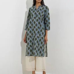 Utsa by Westside Blue Leaf Design Straight Cotton Kurta-image-12