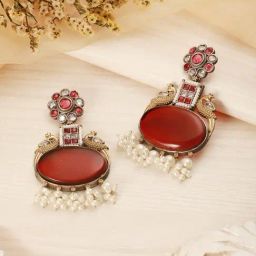 Saraf RS Jewellery Multicolor Statement Silver Oxidised Stone & Pearl Beaded Dangler Earring-16