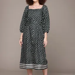 The Roadster Lifestyle Co. Striped Puff Sleeve Fit & Flare Midi Dress-picture-49