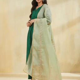 Fabindia Green Cotton Silk Hand Embroidered Dupatta-picture-32