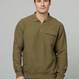 celio* Green Regular Fit Shirt Collar Cotton Sweatshirt-image-1