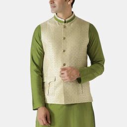 KISAH Beige Blended Embroidered Nehru Jacket-picture-17