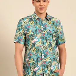 Linen Club Turquoise Slim Fit Printed Shirt-picture-29