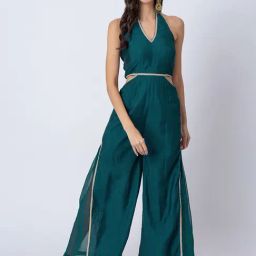 Moomaya Blue Silk Regular Fit Jumpsuit-image-11