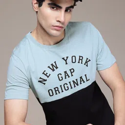 GAP Brand Logo Printed Colourblocked Pure Cotton Slim Fit T-shirt-image-54