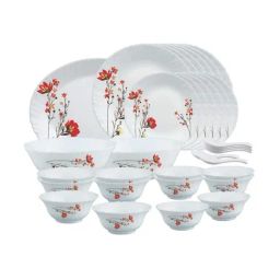Borosil Chrys Red White Opalware Dinner Set - 33 Pieces-34