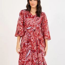 Styli Red Polyester Flared Printed Dresses-image-98