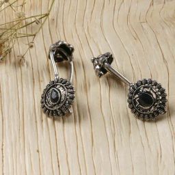 Teejh Ethnic Nitara Black Stone Silver Oxidized Ear Cuff Earrings-27