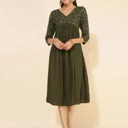 Janasya Olive Green Floral Print A Line Kurta-image-47